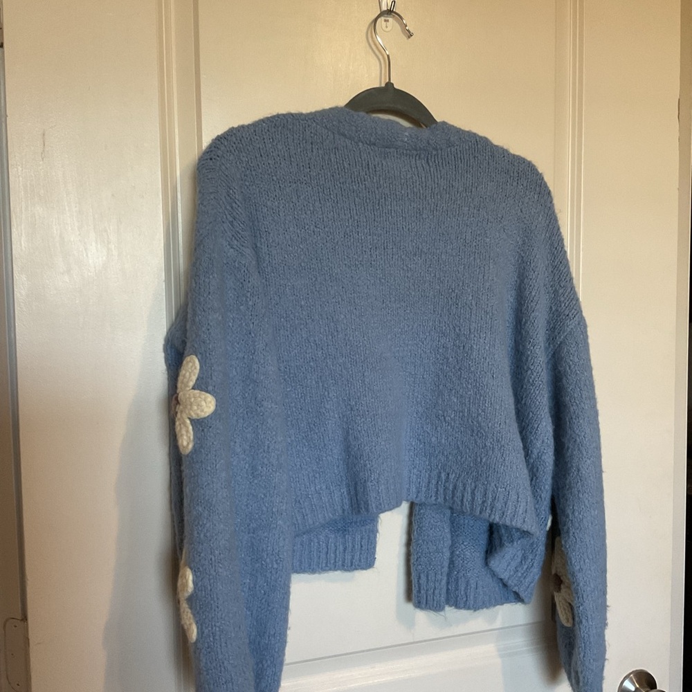 Blue Daisy Crochet-Appliqué Open Cardigan Sweater - Picture 3 of 3